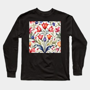 Red Orange Blue Turkish Tulips Ottoman Pattern Long Sleeve T-Shirt